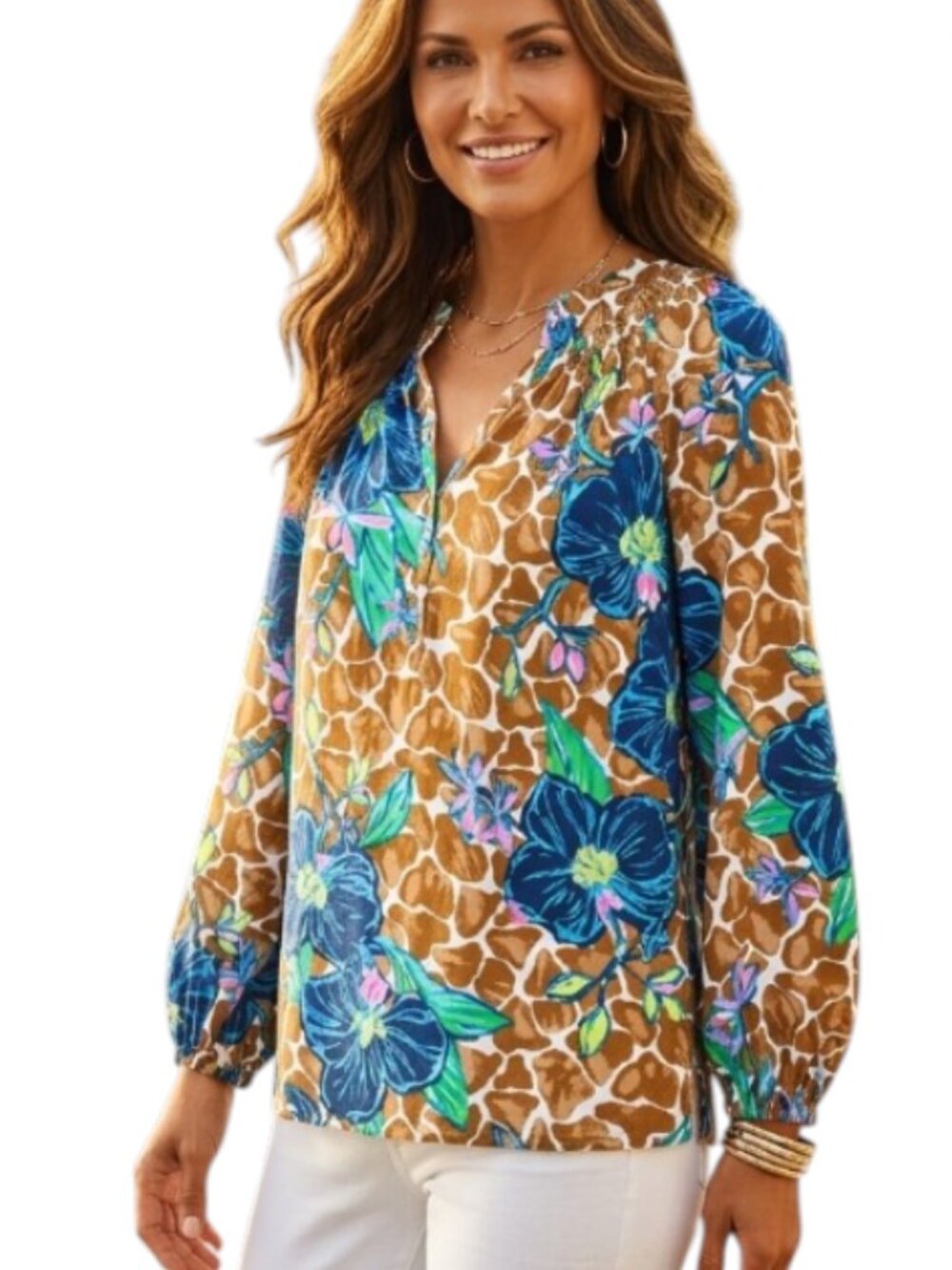 Lilly Pulitzer NWT Elsa XL Silk Toffee Blooms in Paradise All Over Blouse Top